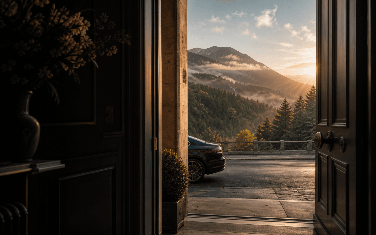 An open front door leading towards the Carpathian mountains, expressing an Origin Passage door-to-door journey