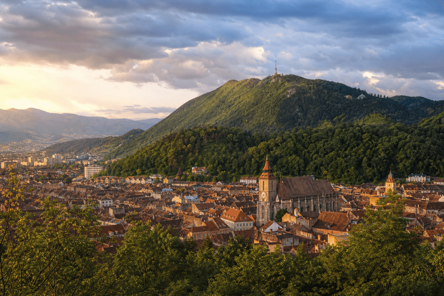 Brașov old town beneath the Carpathian mountains in Romania