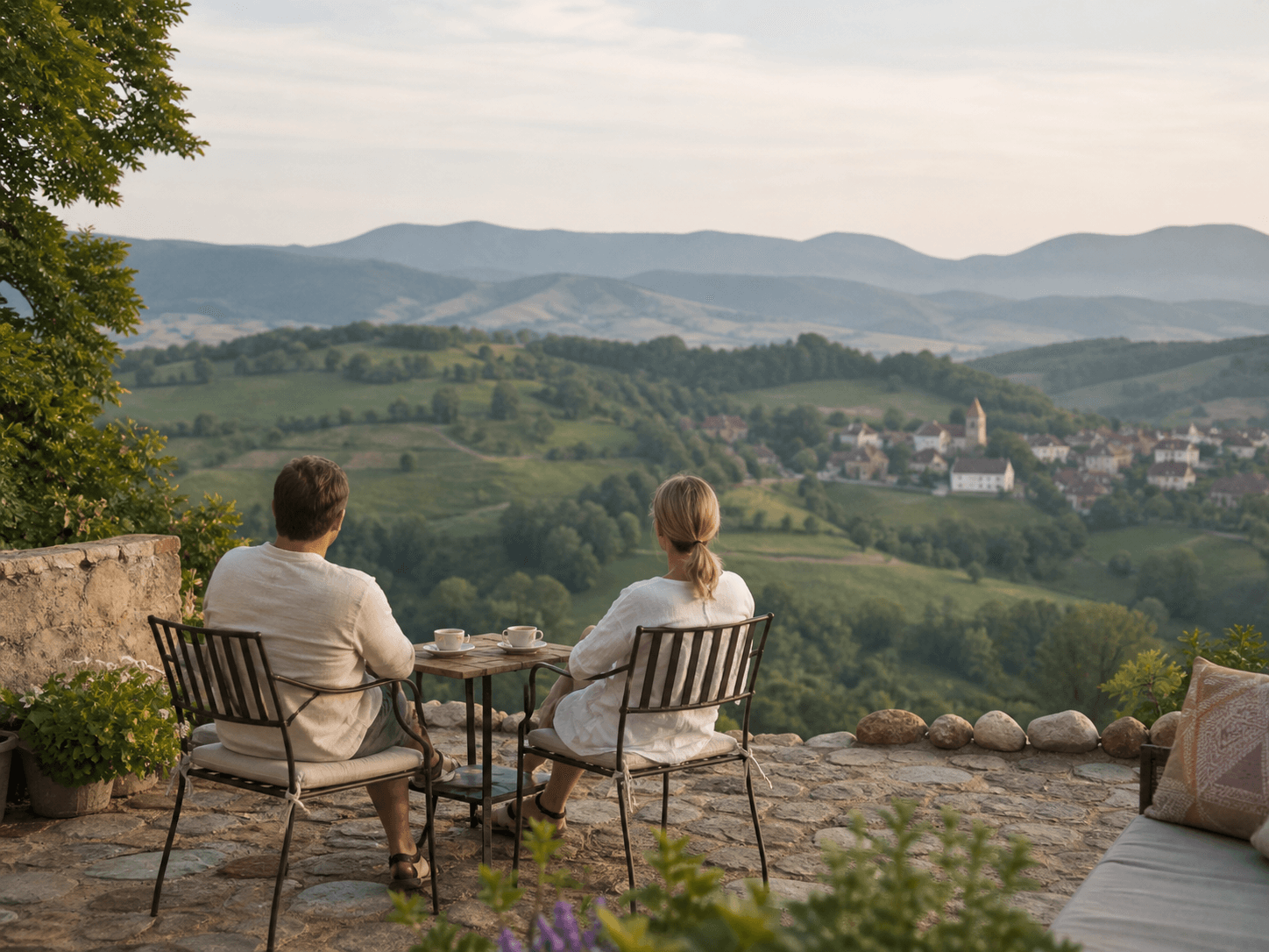 A couple enjoying a quiet morning overlooking the Transylvanian countryside