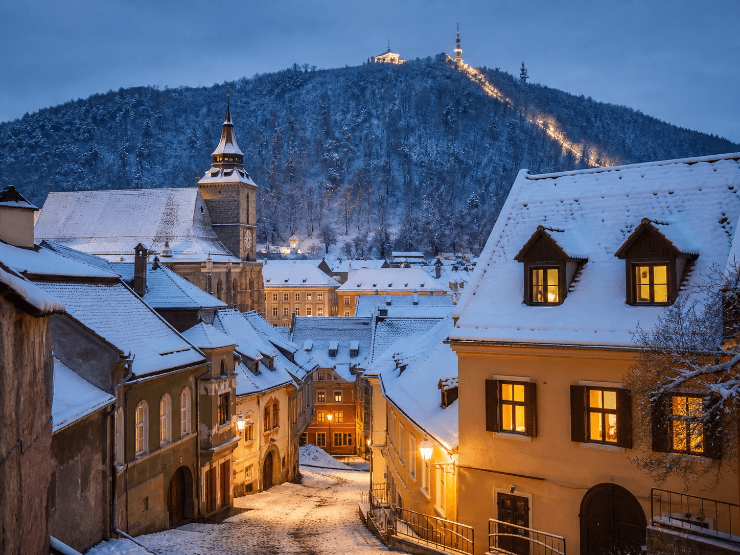 A snow-covered Romanian mountain town in winter